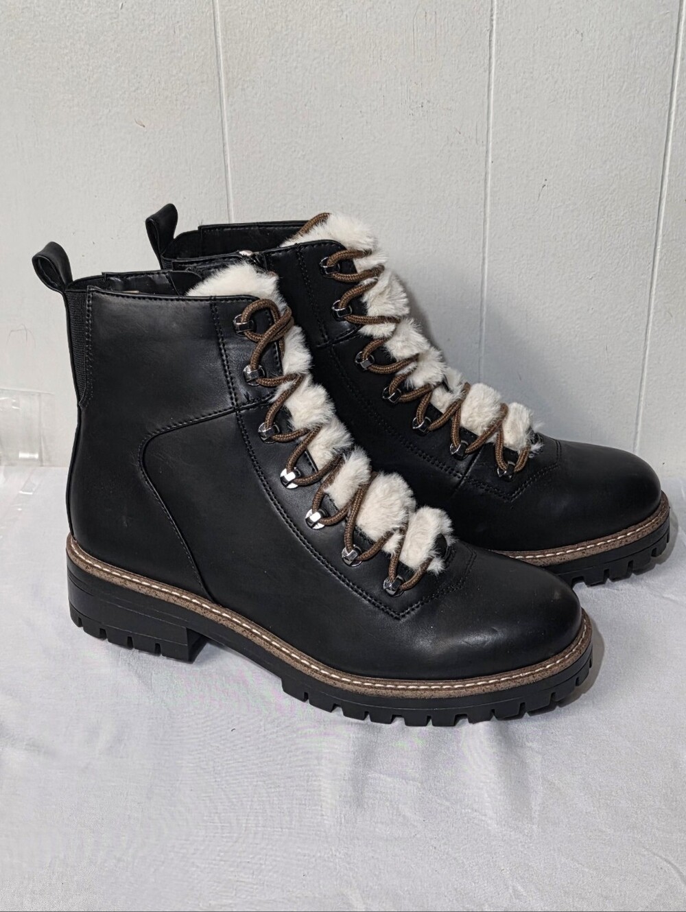 a new day Black Leighton Hiking Boots Sherpa Fur Trim Lug Sole Lace-Up Size 11